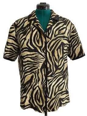 Vintage City Silk 100% Silk Zebra Print Short Sleeve Button Down Shirt